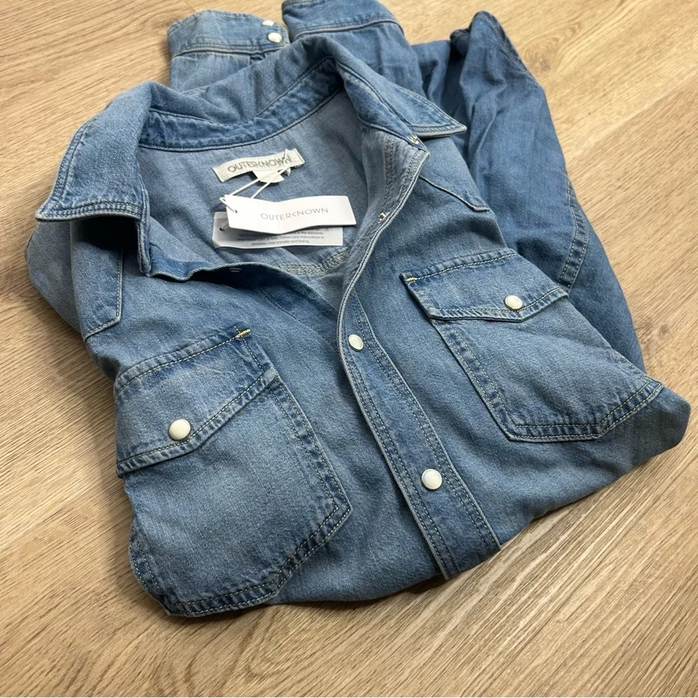 NWT Outerknown 100% Organic Cotton Denim Pearl Snap Button Down Long Shirt - Picture 2 of 16